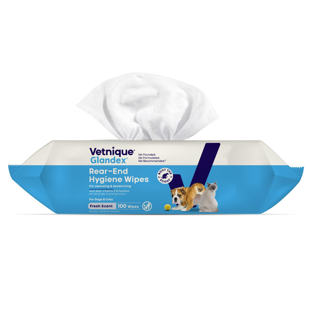 Vetnique Glandex dog wipes around the ears for easy cleansing.