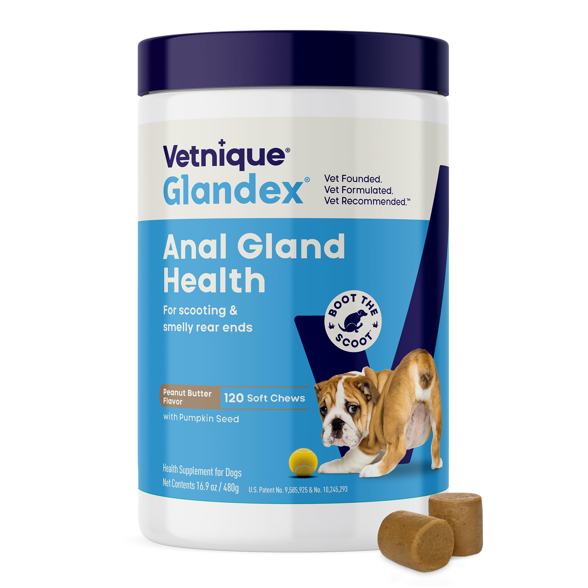 Vetnique Glandex packaging with label highlighting digestive support
