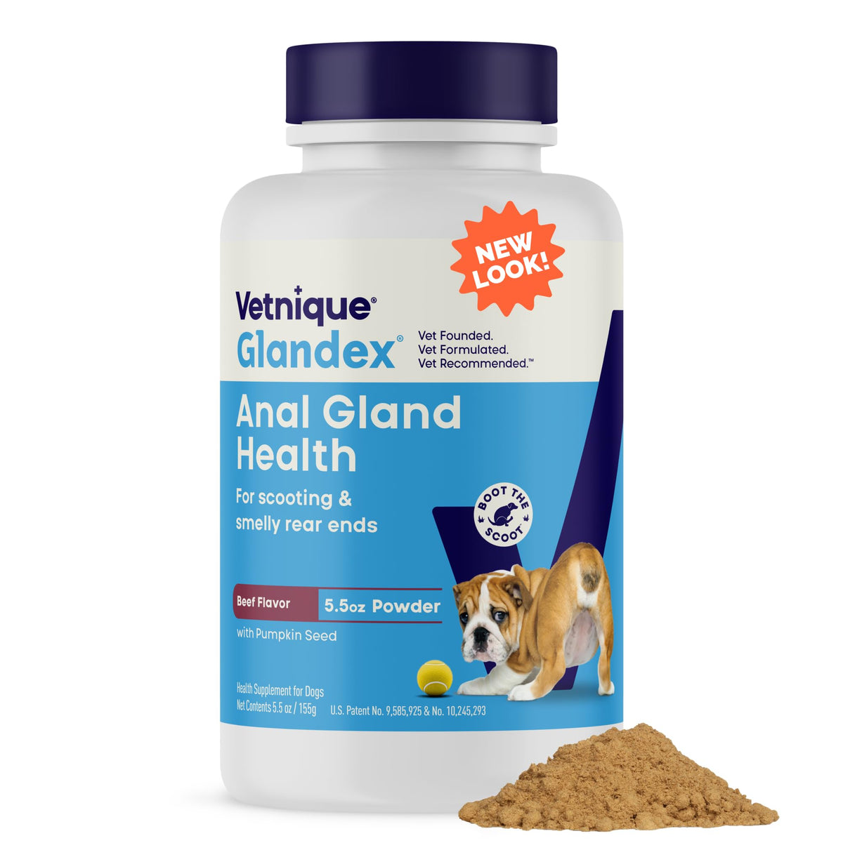 Vetnique Glandex powder bottle front for easy dosing.