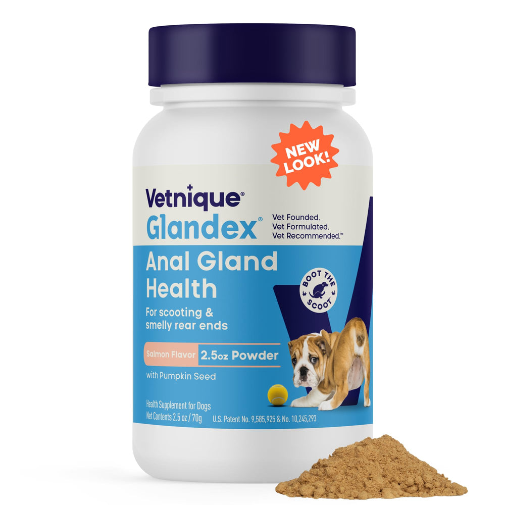 Vetnique Glandex salmon powder bottle supports digestive health in dogs