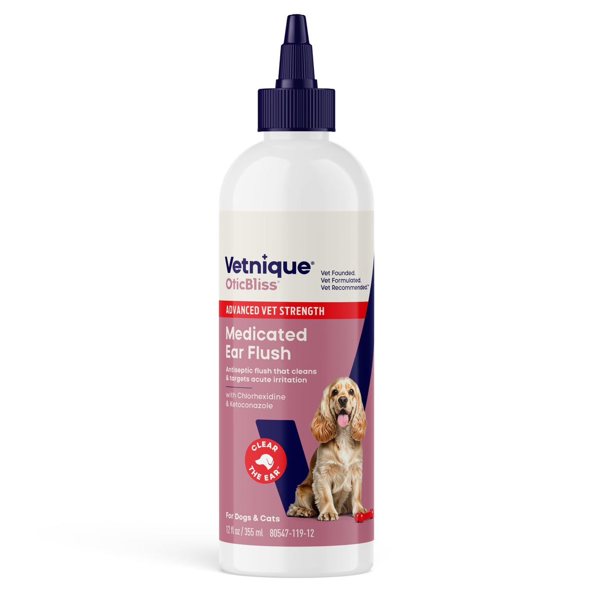 Vetnique Oticbliss bottle close-up, medicated ear cleaner for pets.