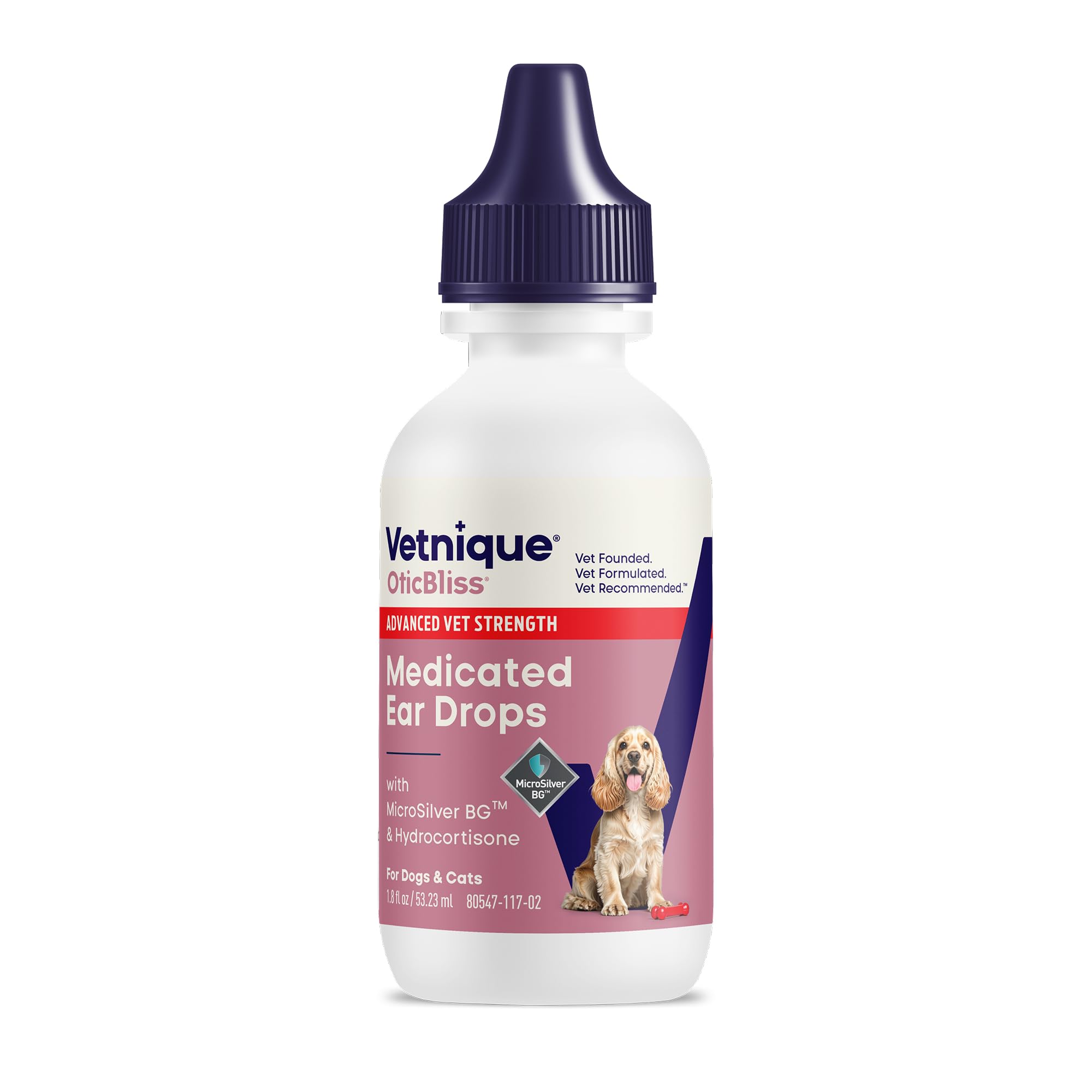 Vetnique Oticbliss bottle top view showing medicated drops to soothe pet ears.