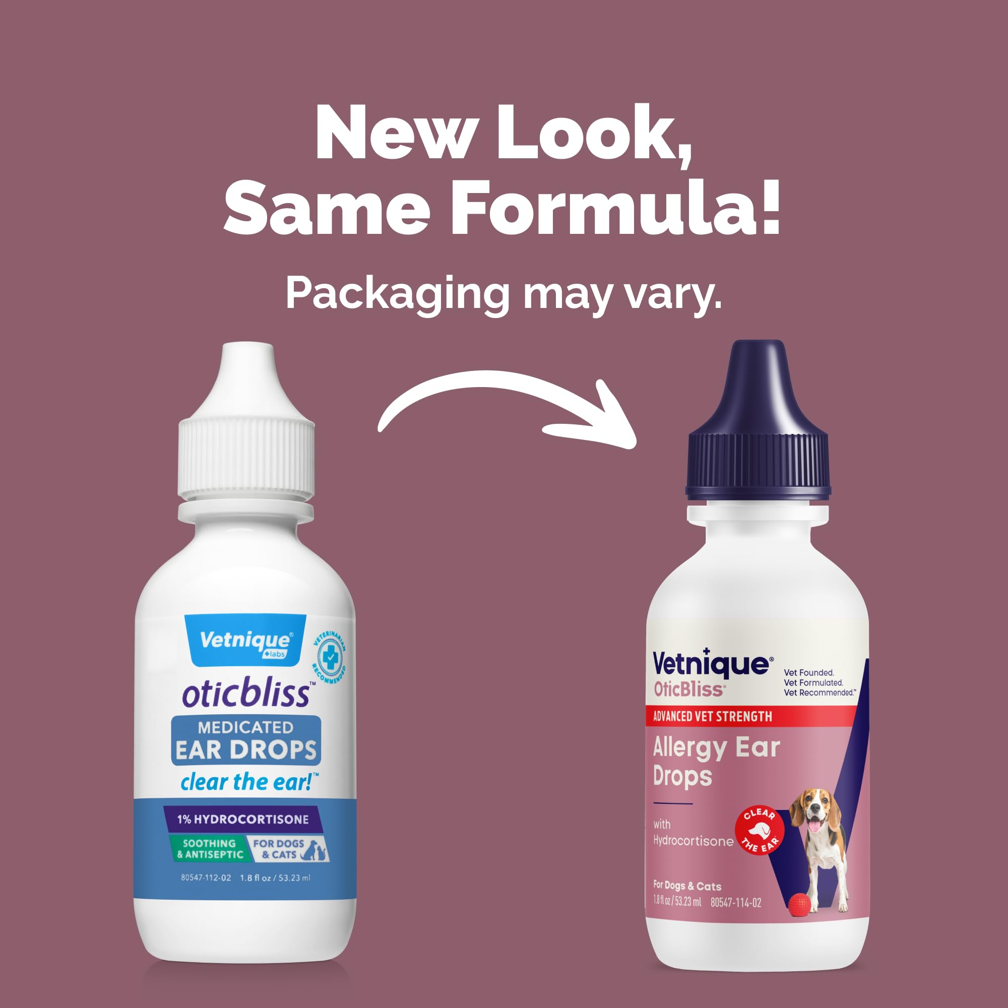 Vetnique Oticbliss drops being dispensed illustrate quick application for dog ears.