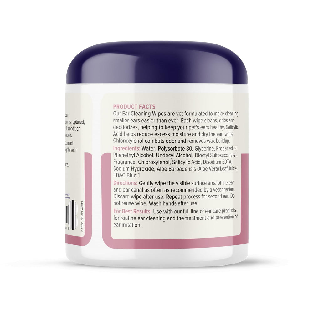 Hands apply Oticbliss wipe to pet’s ear for gentle cleaning.