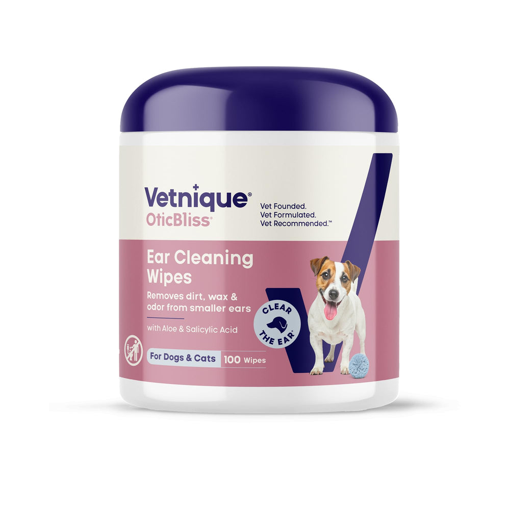 Vetnique Oticbliss ear wipes box front for easy odor and wax removal.