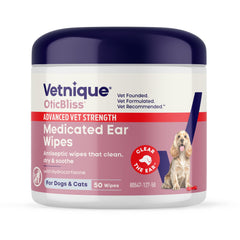 Vetnique Oticbliss ear wipes pack front for quick dog ear cleaning and odor control.