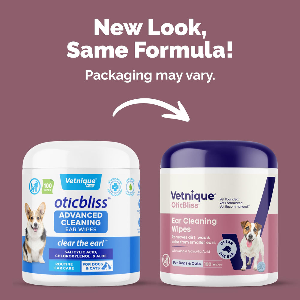Close-up of Vetnique Oticbliss packaging emphasizing soothing Aloe Vera.