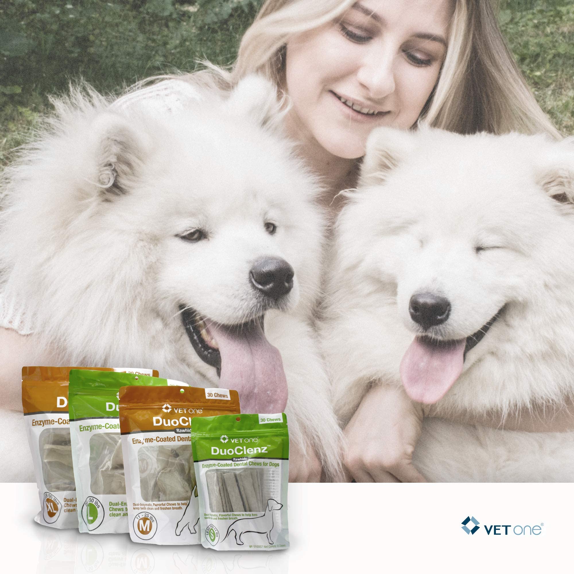 VetOne DuoClenz open bag with chews, convenient month-long supply.