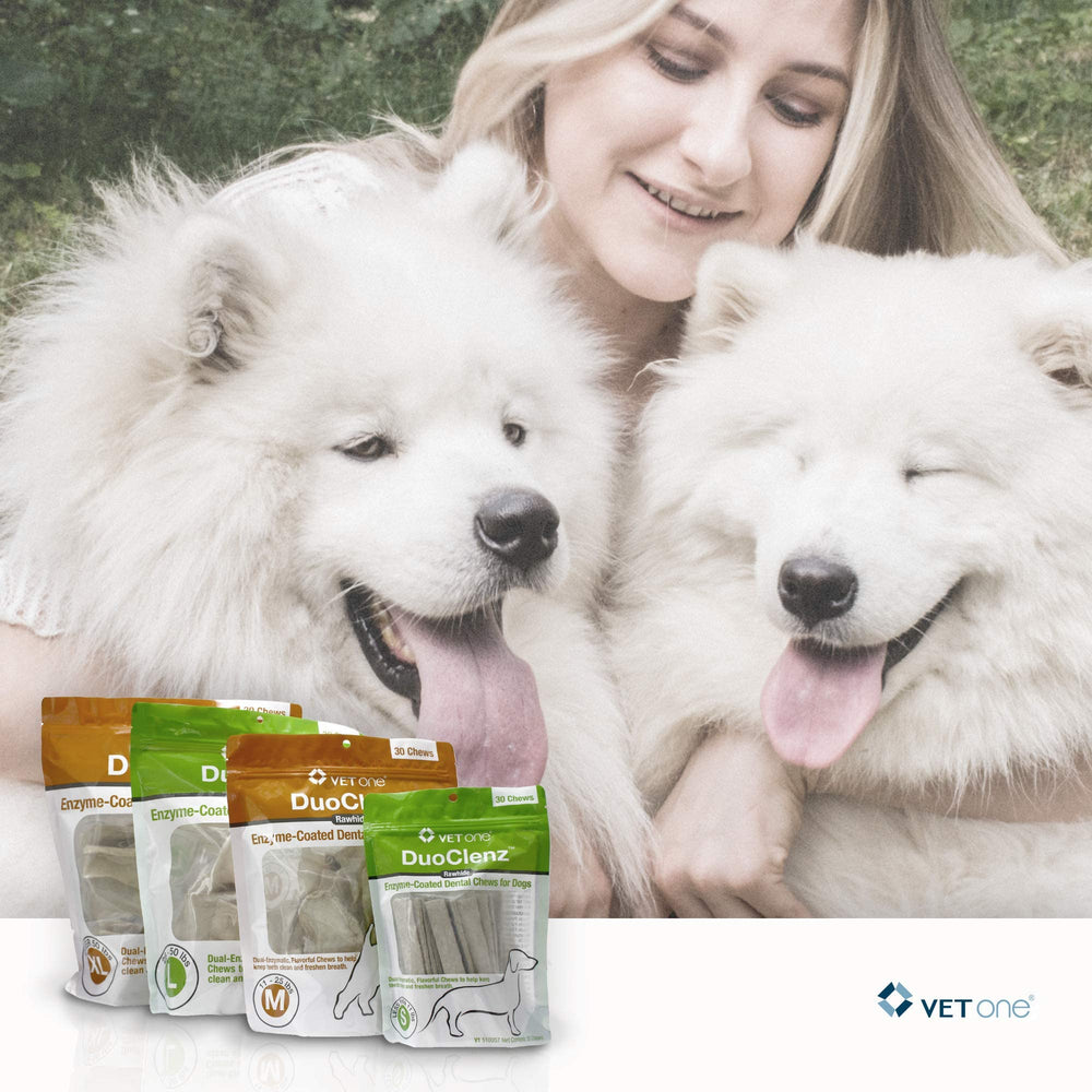 VetOne DuoClenz open bag with chews, convenient month-long supply.