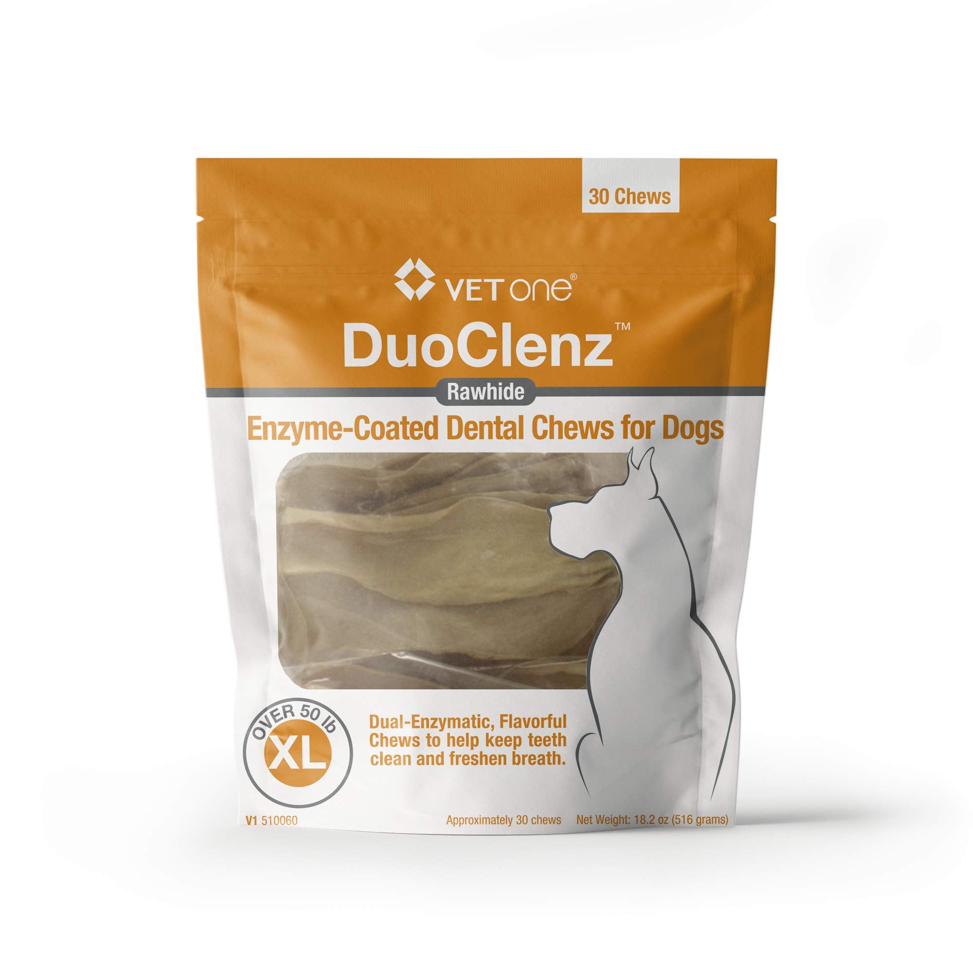 VetOne DuoClenz rawhide dental chews, XL bag front, supports daily oral care for dogs.
