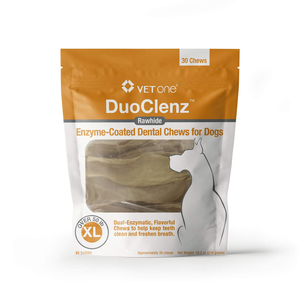 VetOne DuoClenz rawhide dental chews, XL bag front, supports daily oral care for dogs.