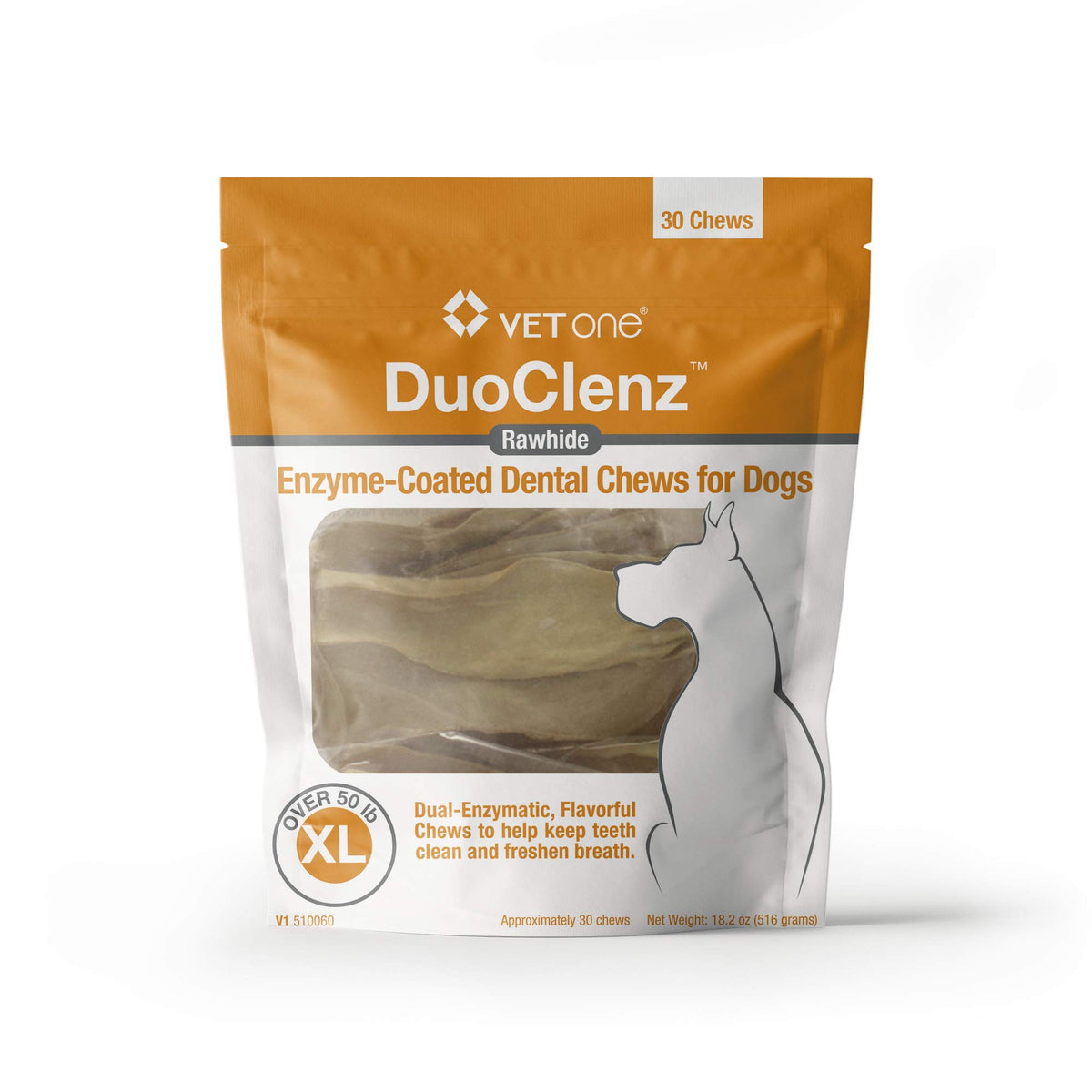 VetOne DuoClenz rawhide dental chews, XL bag front, supports daily oral care for dogs.
