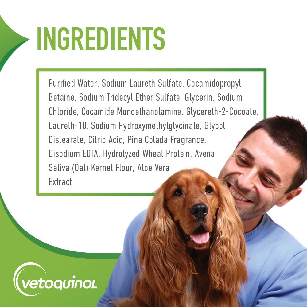 Vetoquinol Aloe Oatmeal shampoo grooming scene showing easy routine care