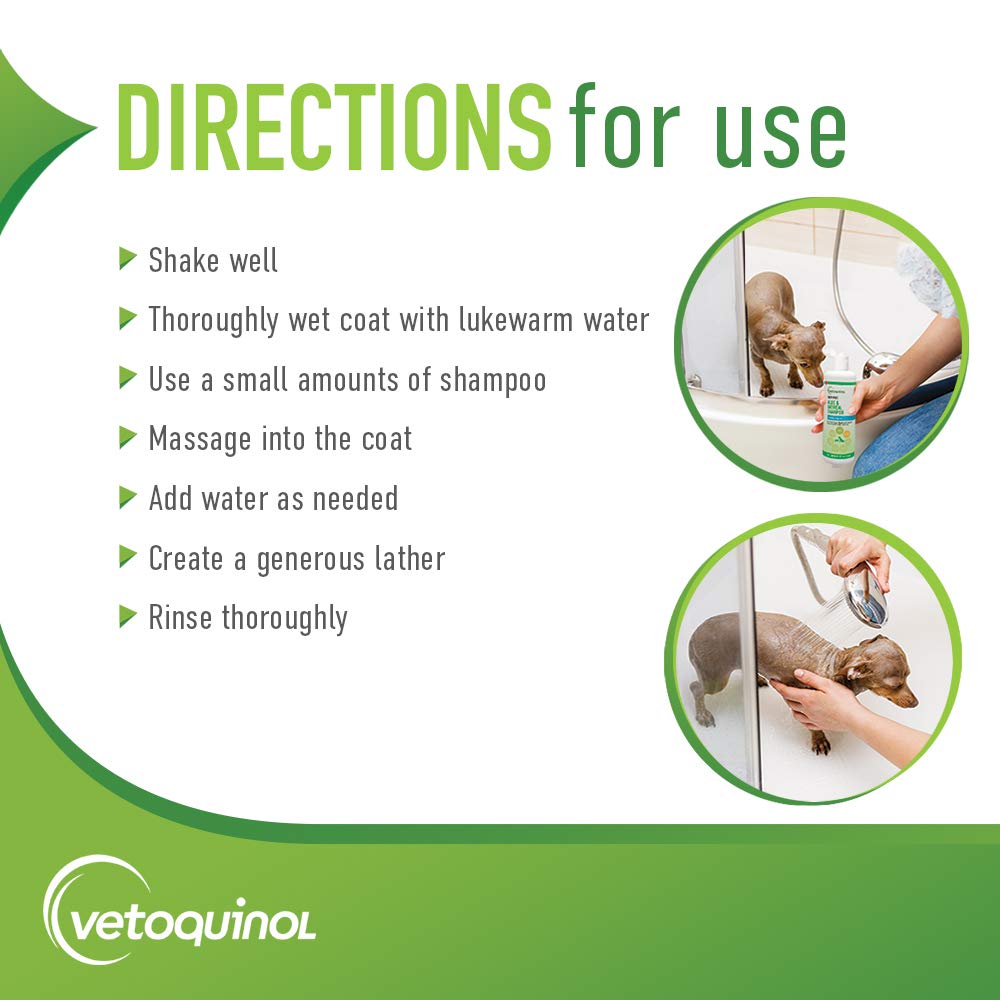 Close-up ingredients in Vetoquinol Aloe Oatmeal shampoo bottle