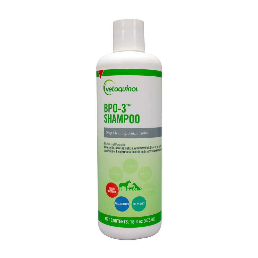 Vetoquinol BPO-3 Shampoo bottle top view highlights a medicated cleansing formula for pets.