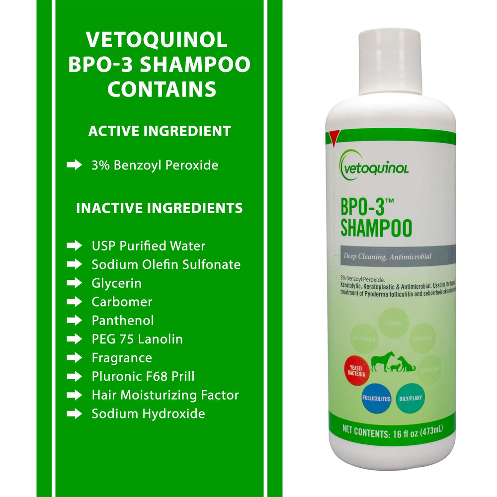 Vetoquinol BPO-3 Shampoo dog coat care closeup shows degreasing and thorough cleaning.