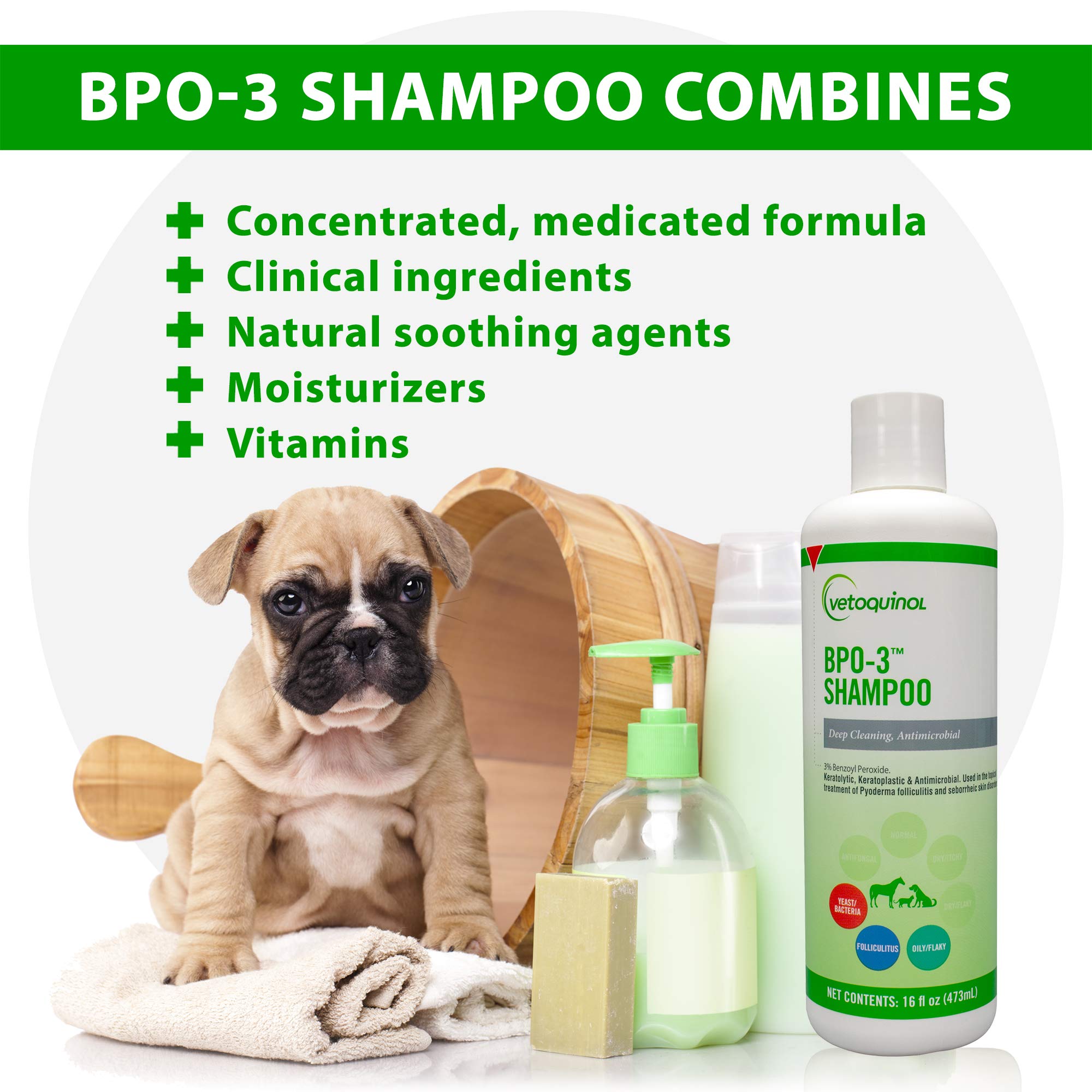 Vetoquinol BPO-3 Shampoo foamy lather on a pet coat demonstrates deep cleansing action.