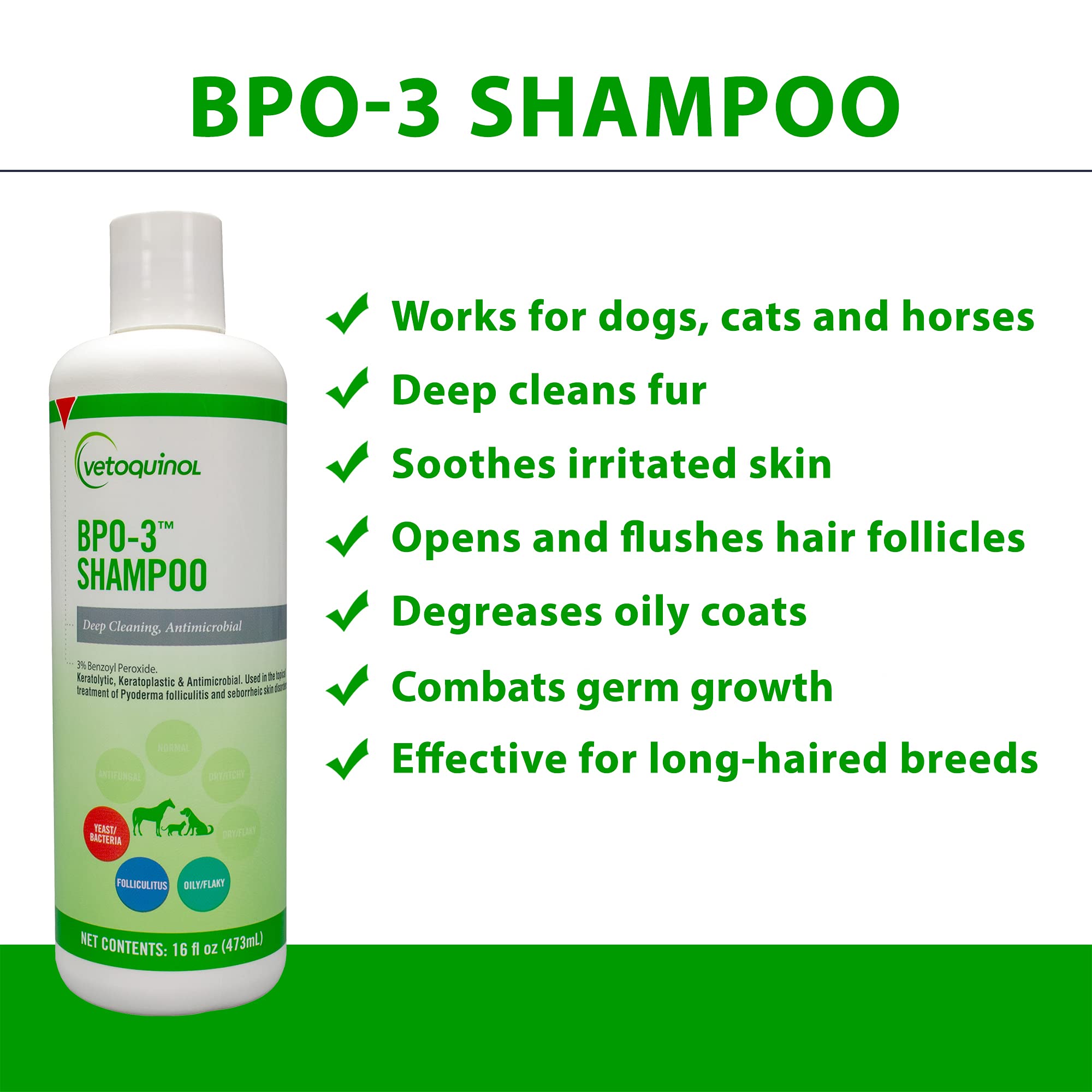 Vetoquinol BPO-3 Shampoo label closeup emphasizes the 3 percent benzoyl peroxide treatment.