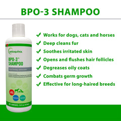 Vetoquinol BPO-3 Shampoo label closeup emphasizes the 3 percent benzoyl peroxide treatment.