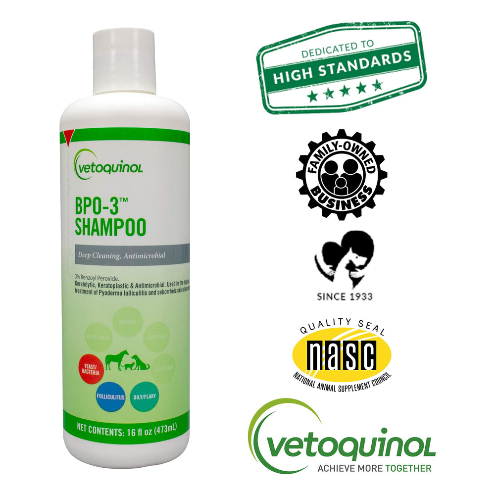 Vetoquinol BPO-3 Shampoo water rinse scene implies thorough follicle flushing and rinse.