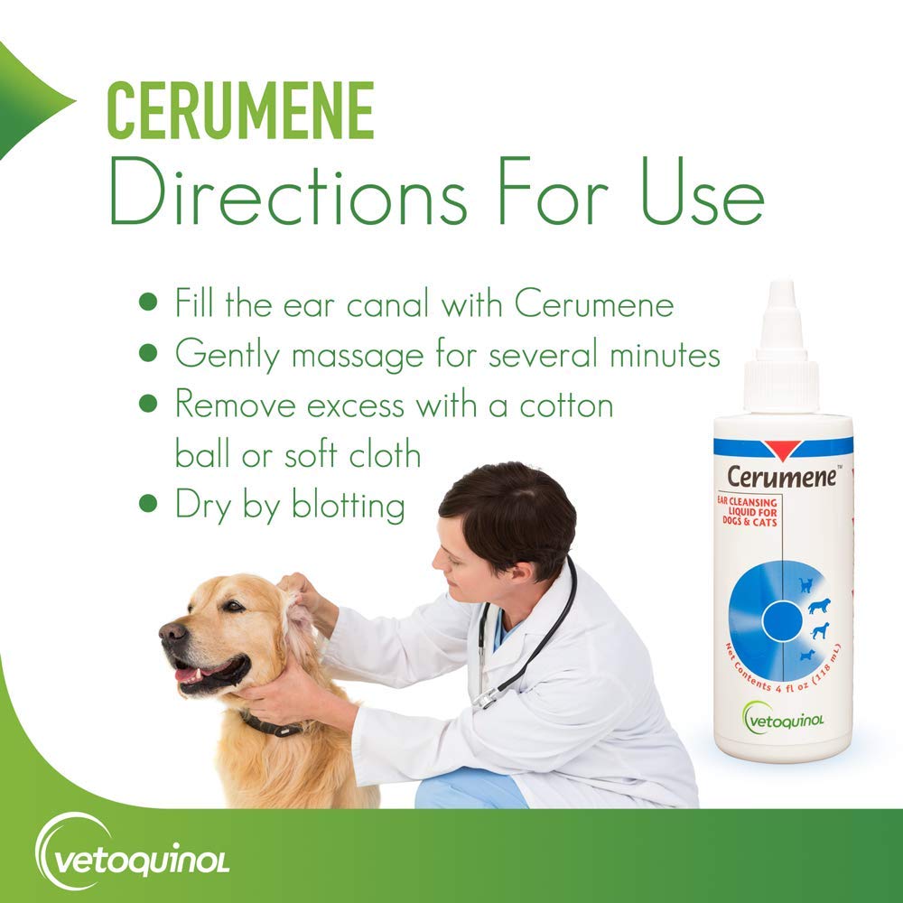 Vetoquinol Cerumene ear cleanser shows pre-otic formula prep in grooming routine.