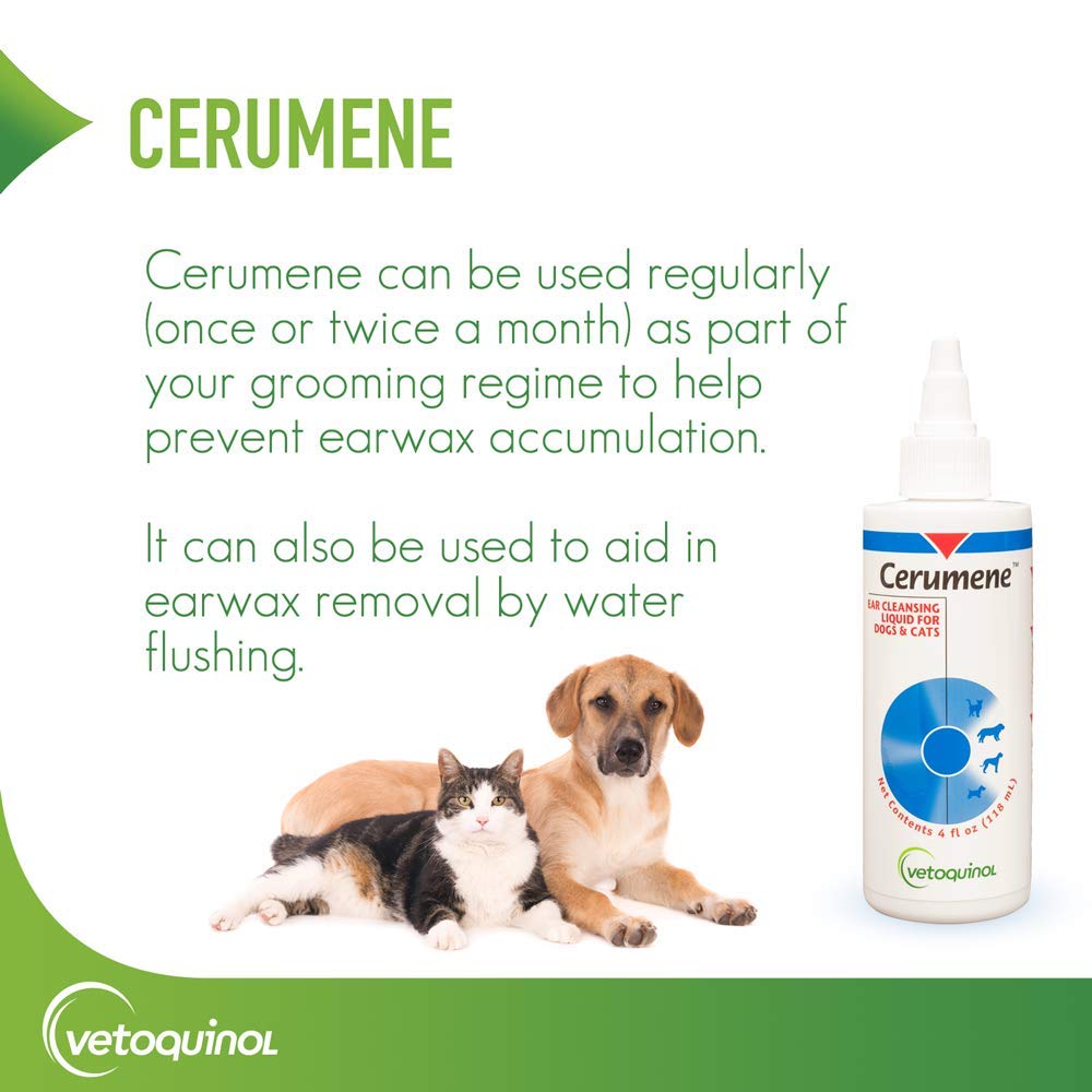 Vetoquinol Cerumene ear cleanser for cats and dogs supports regular ear hygiene.