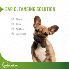 Vetoquinol ear-cleanse application on a pet’s ear for gentle cleansing during grooming