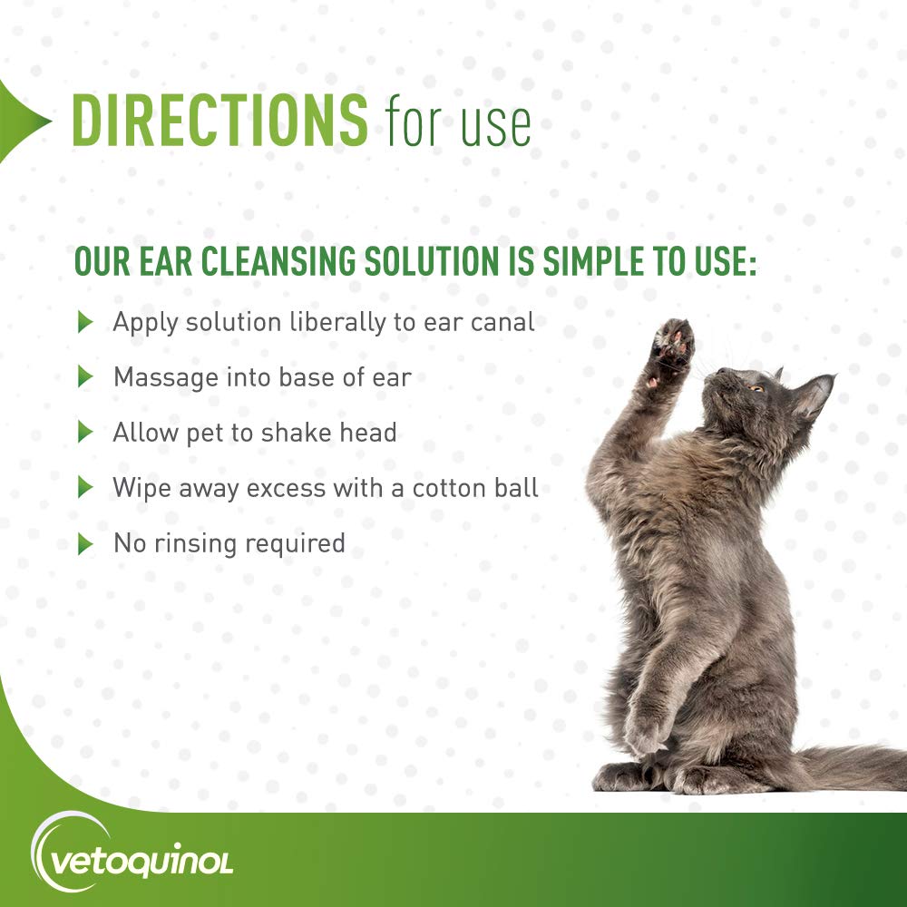 Vetoquinol ear cleansing solution ingredients illustration highlighting aloe and acids for gentle care.
