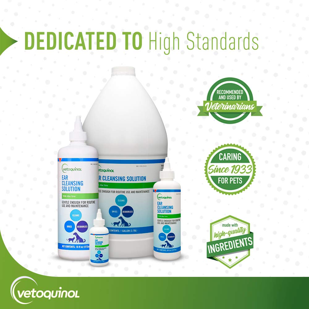 Vetoquinol ear cleansing solution packaging displayed on shelf for home use.
