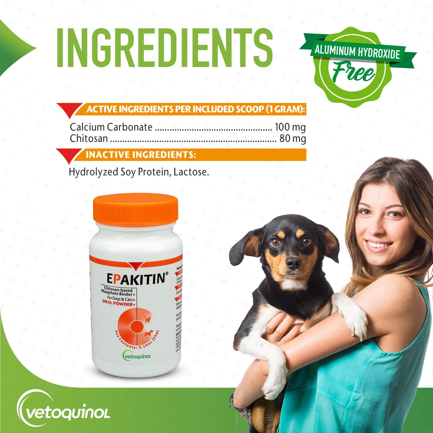 Vetoquinol Epakitin 60g powder texture closeup emphasizing palatability