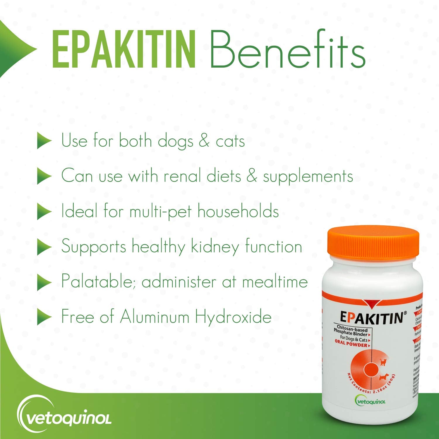 Vetoquinol Epakitin bottle back label with dosing instructions for cats and dogs.