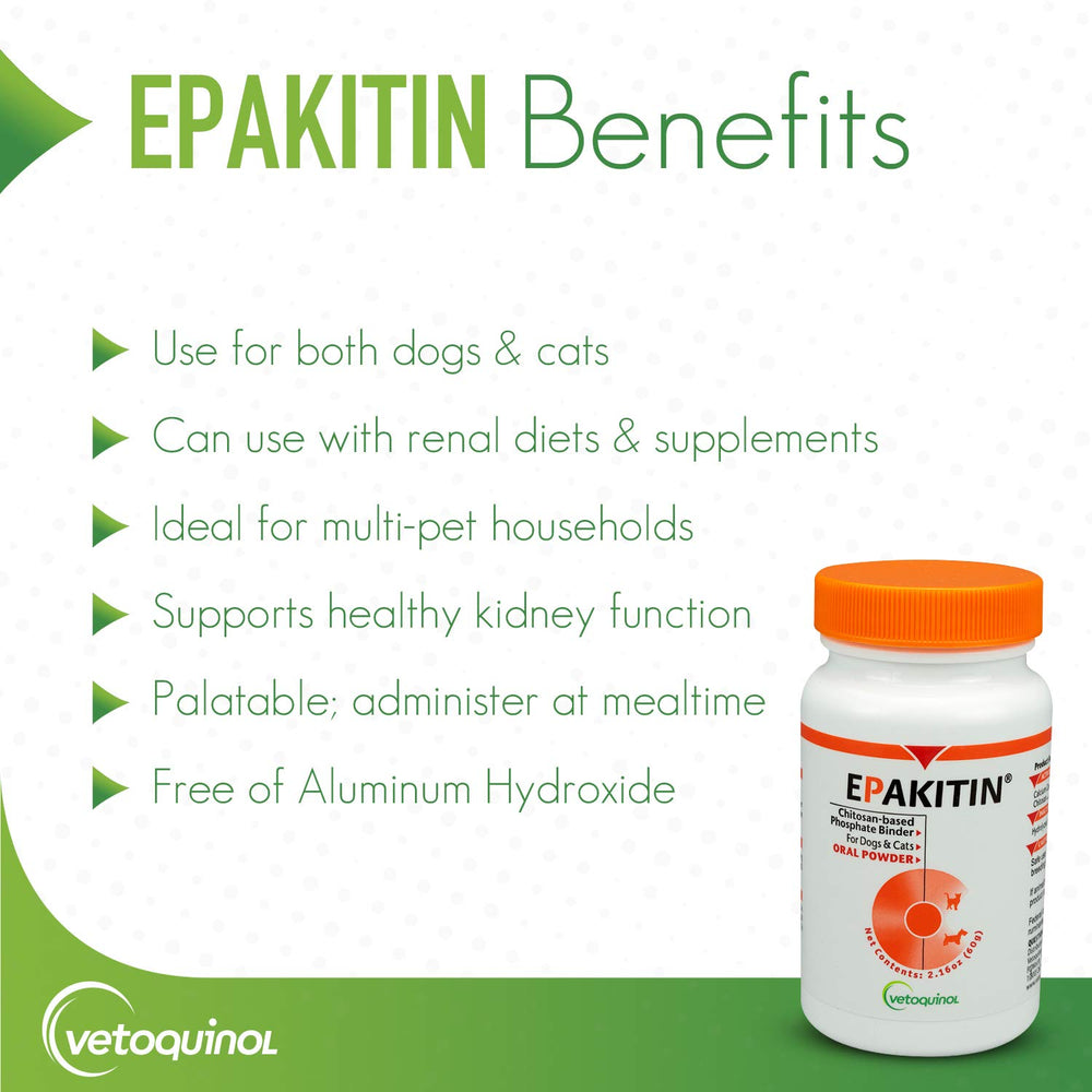 Vetoquinol Epakitin bottle back label with dosing instructions for cats and dogs.
