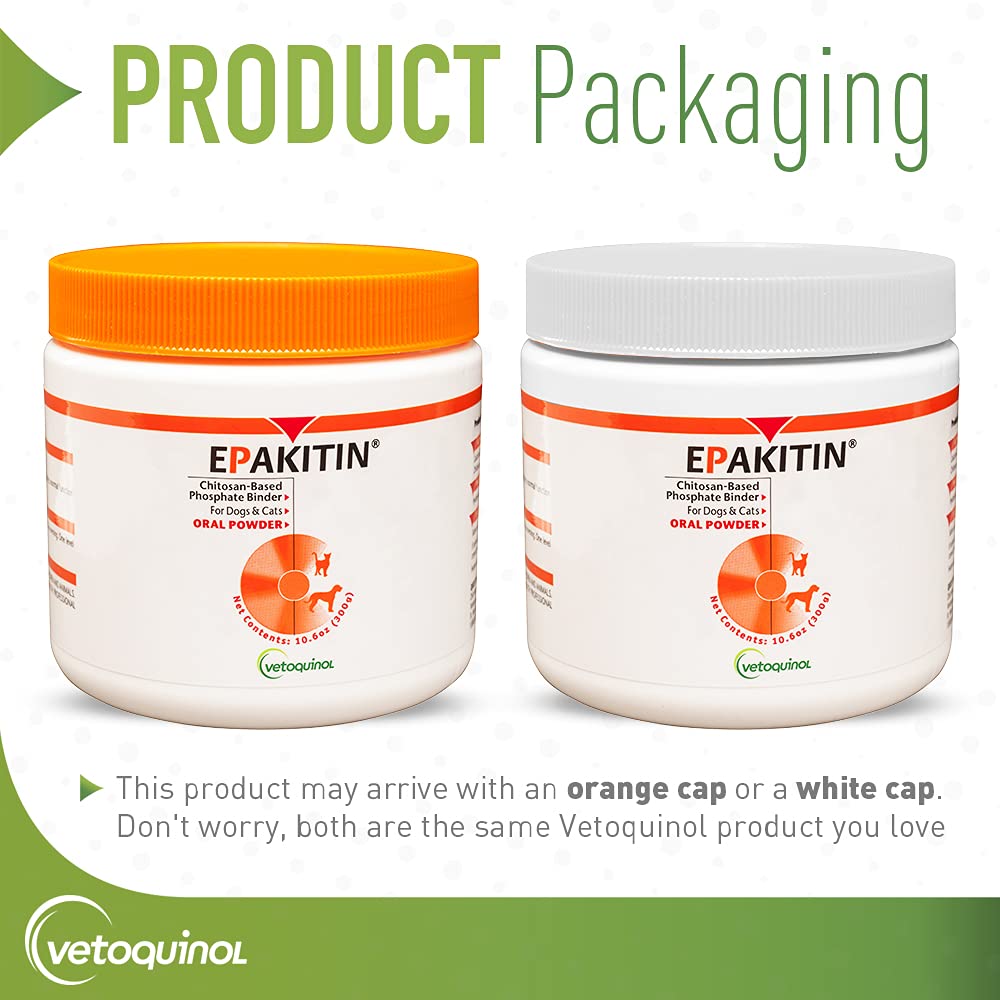 Vetoquinol Epakitin canister on kitchen counter with pet bowls nearby.