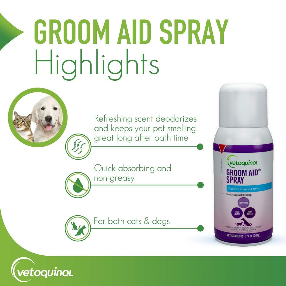 Vetoquinol Groom-Aid Spray detangles fur for easier brushing.