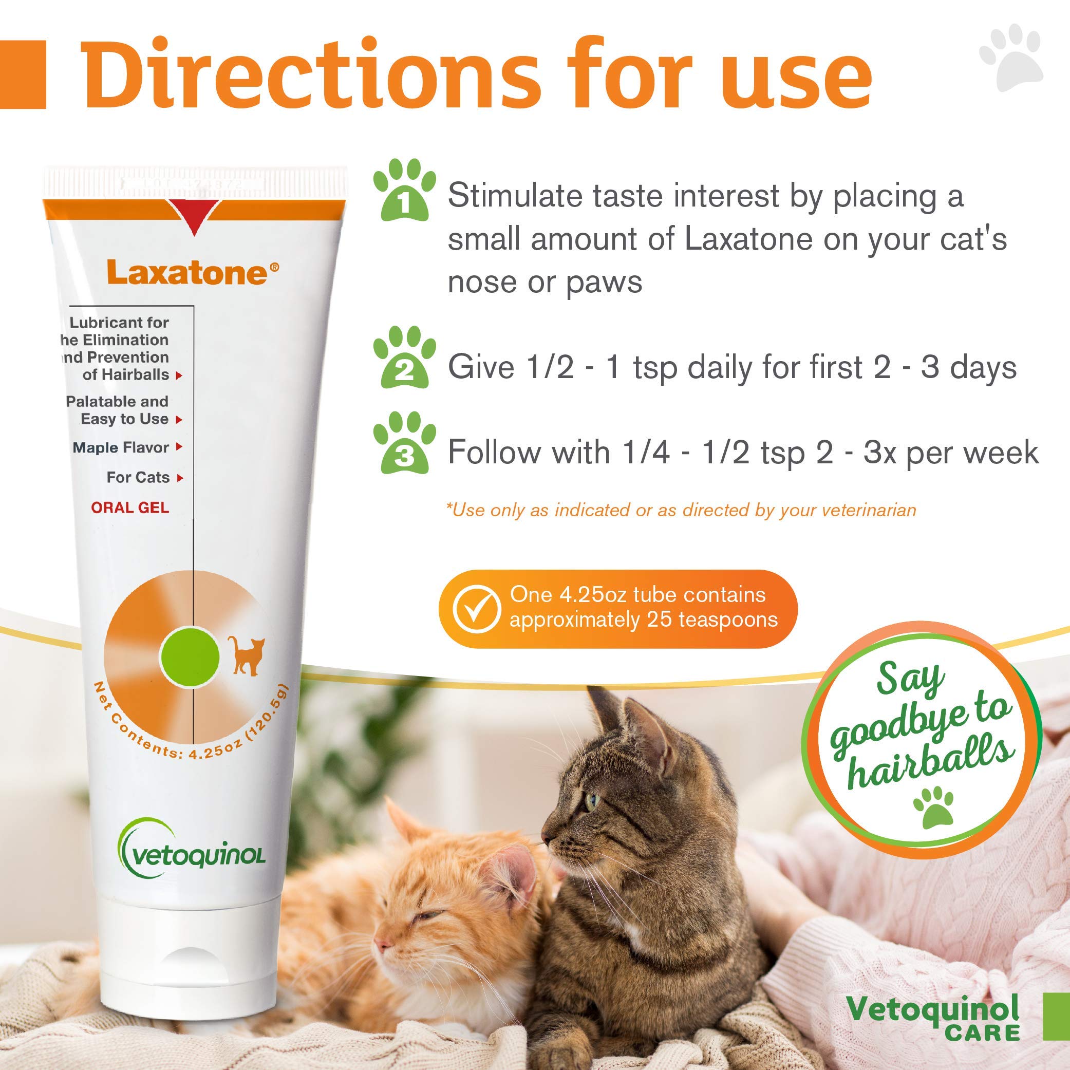 Vetoquinol Laxatone cat care gel improves palatability and routine hairball care.