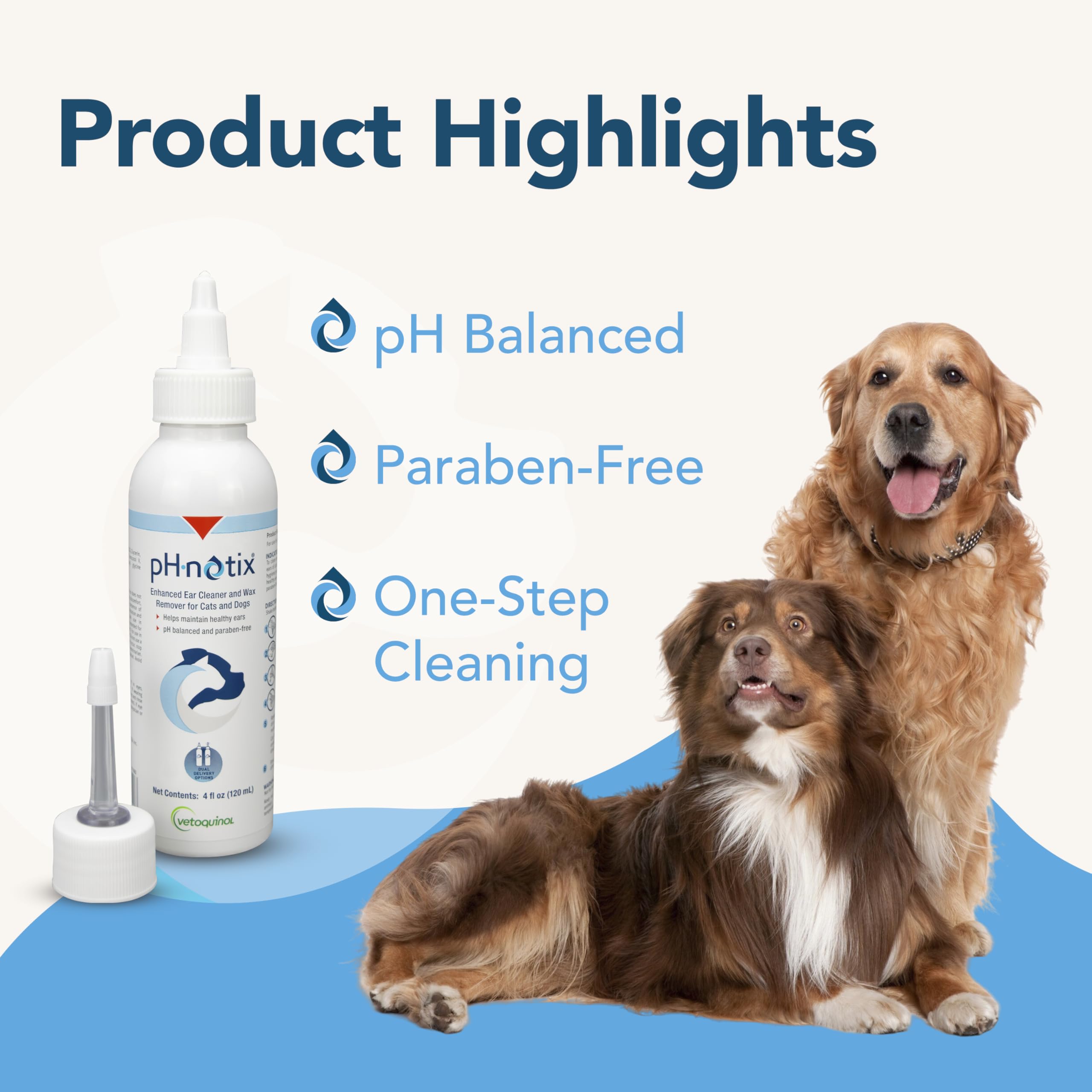 Vetoquinol PH•notix dog ear care application demonstrates simple weekly use.