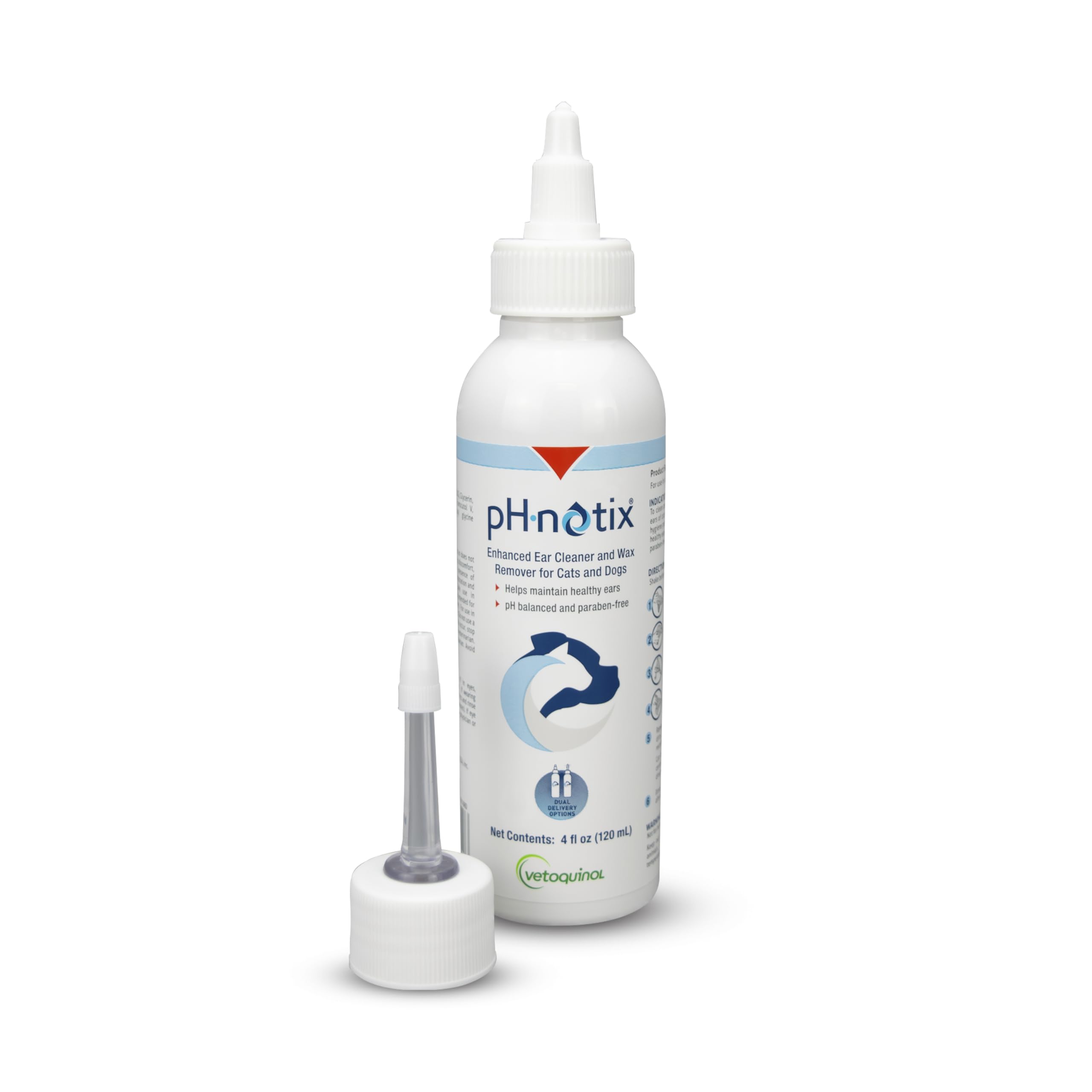 Vetoquinol PH•notix ear cleaner bottle for dogs and cats supports easy debris removal.