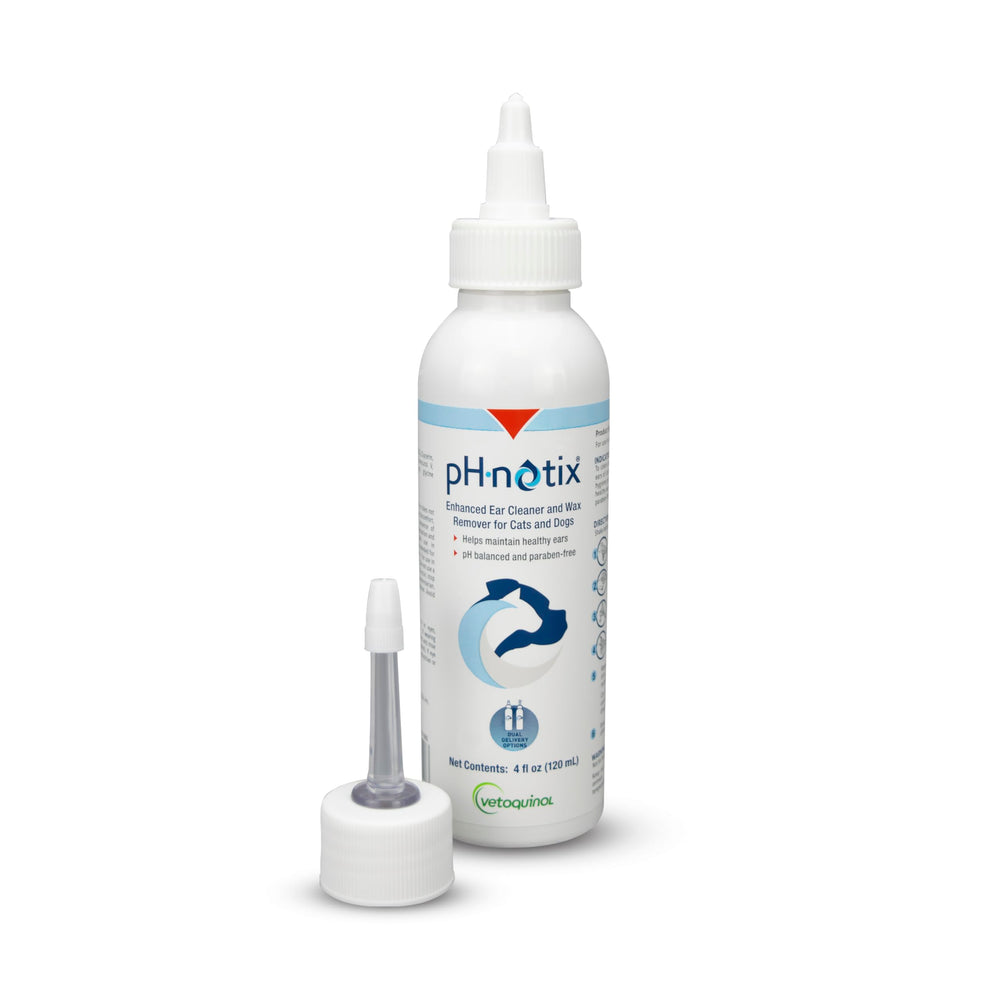 Vetoquinol PH•notix ear cleaner bottle for dogs and cats supports easy debris removal.