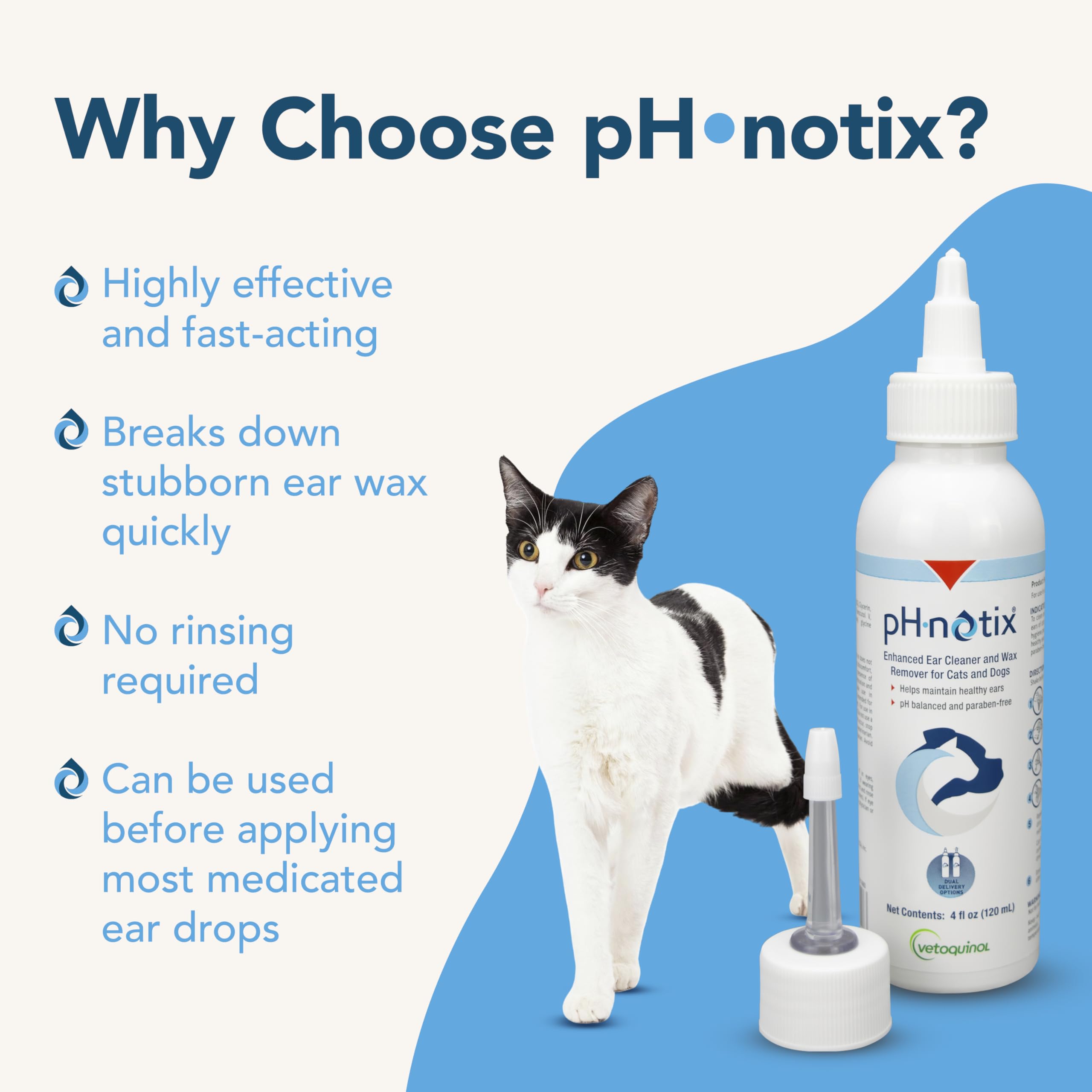 Vetoquinol PH•notix wax remover emulsification action promotes thorough cleaning.