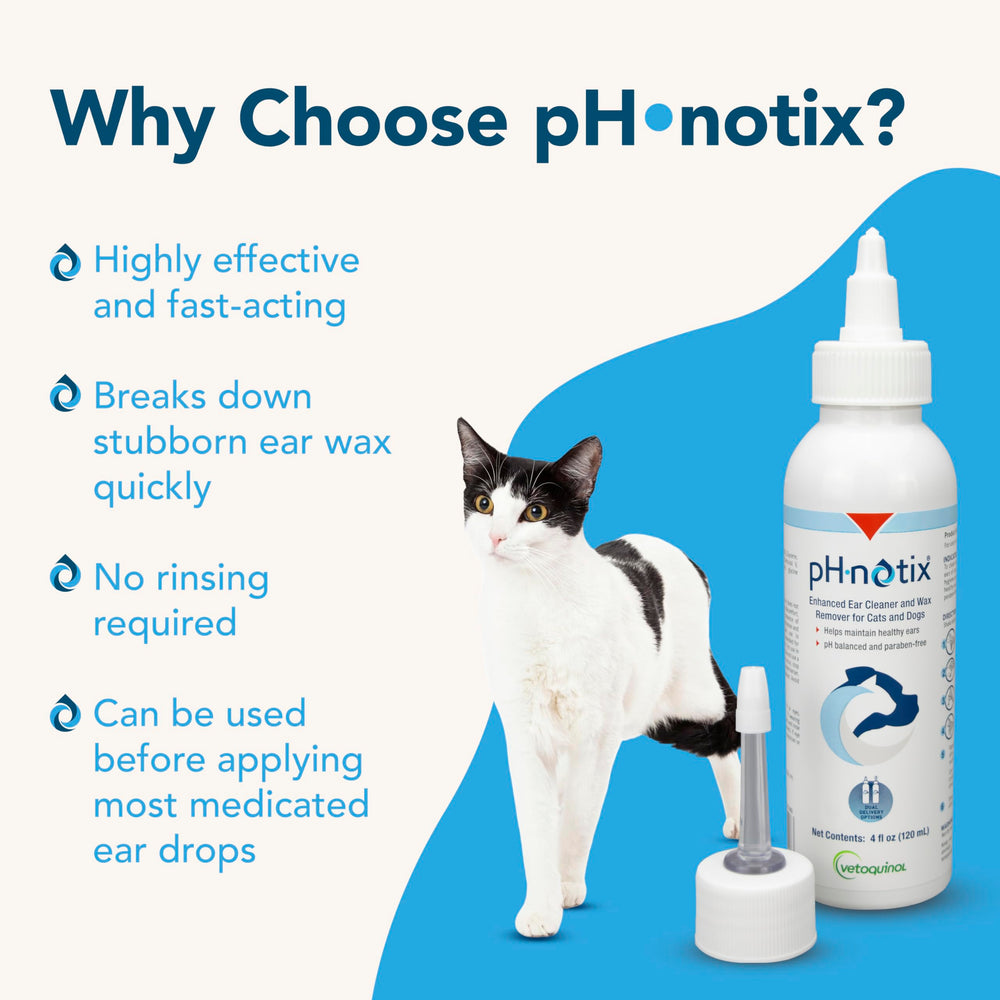 Vetoquinol PH•notix wax remover emulsification action promotes thorough cleaning.