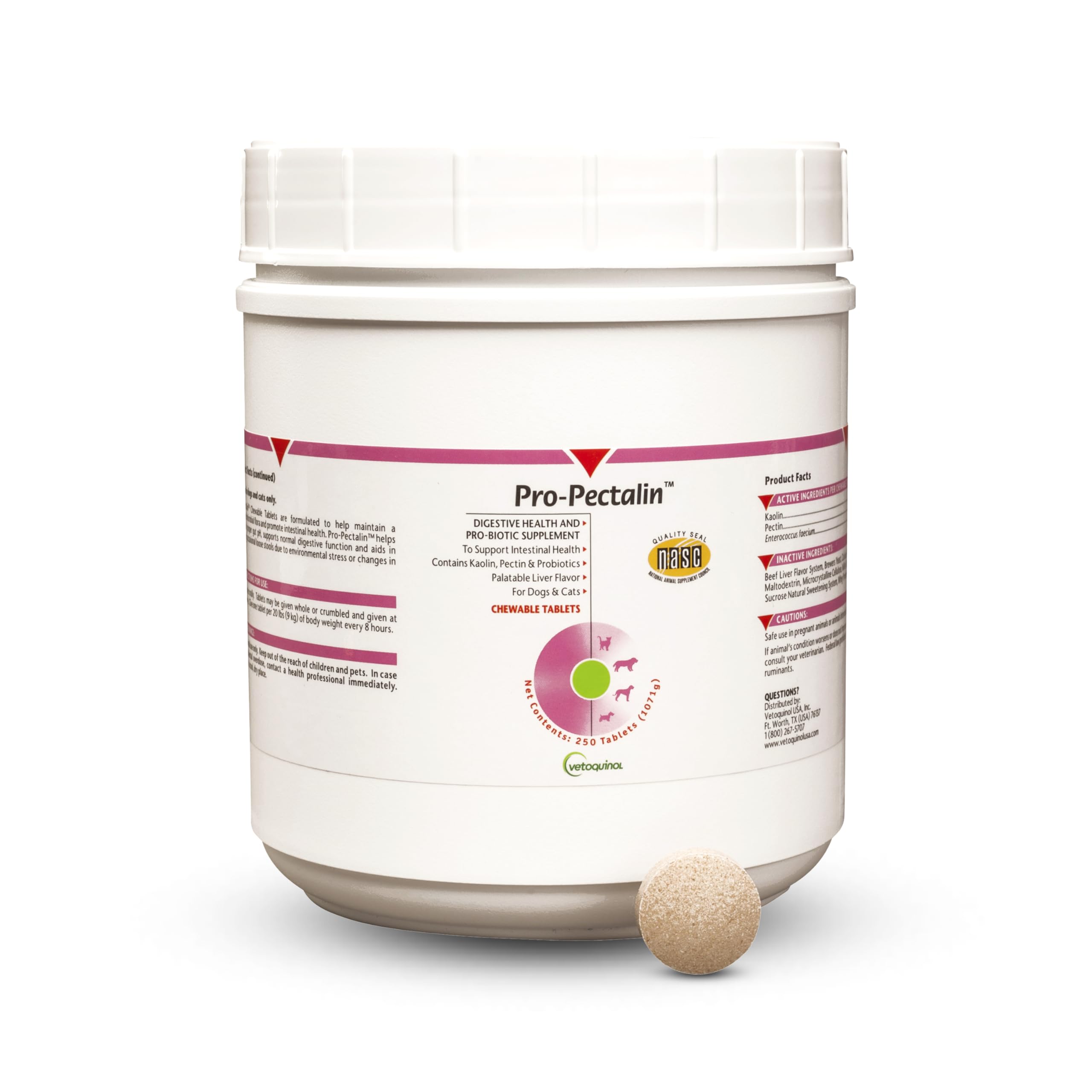 Vetoquinol Pro-Pectalin bottle close-up promoting digestive comfort for dogs and cats.