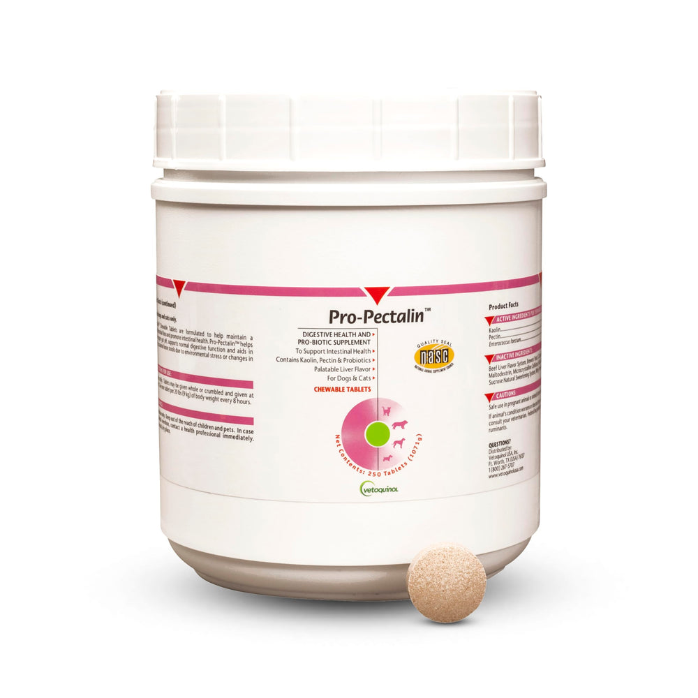 Vetoquinol Pro-Pectalin bottle close-up promoting digestive comfort for dogs and cats.