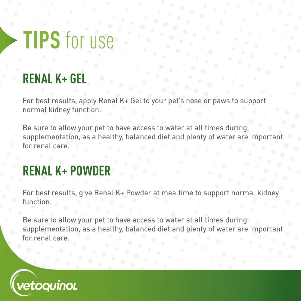Renal K+ packaging highlights key ingredients for pets' kidney support.
