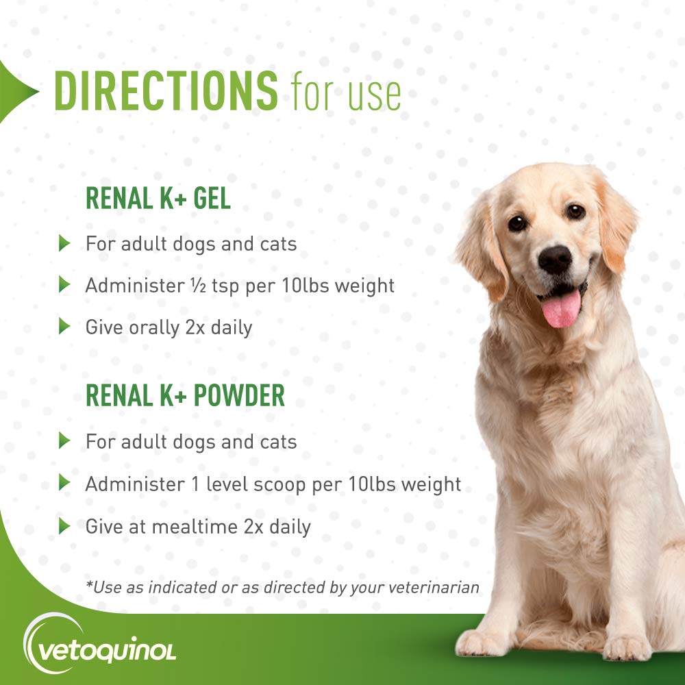Vetoquinol Renal K+ maple gel bottle label: product details and potassium support.