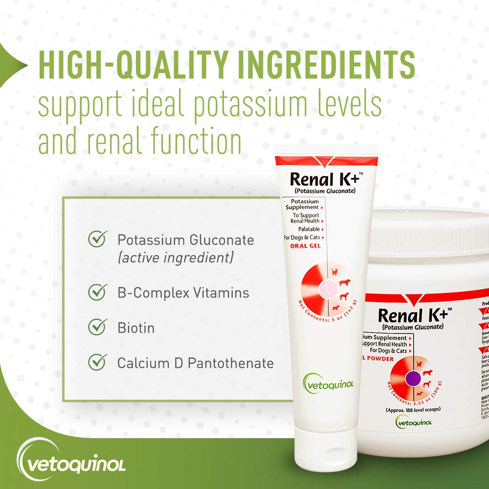 Vetoquinol Renal K+ powder mixed into meals for seamless supplementation.