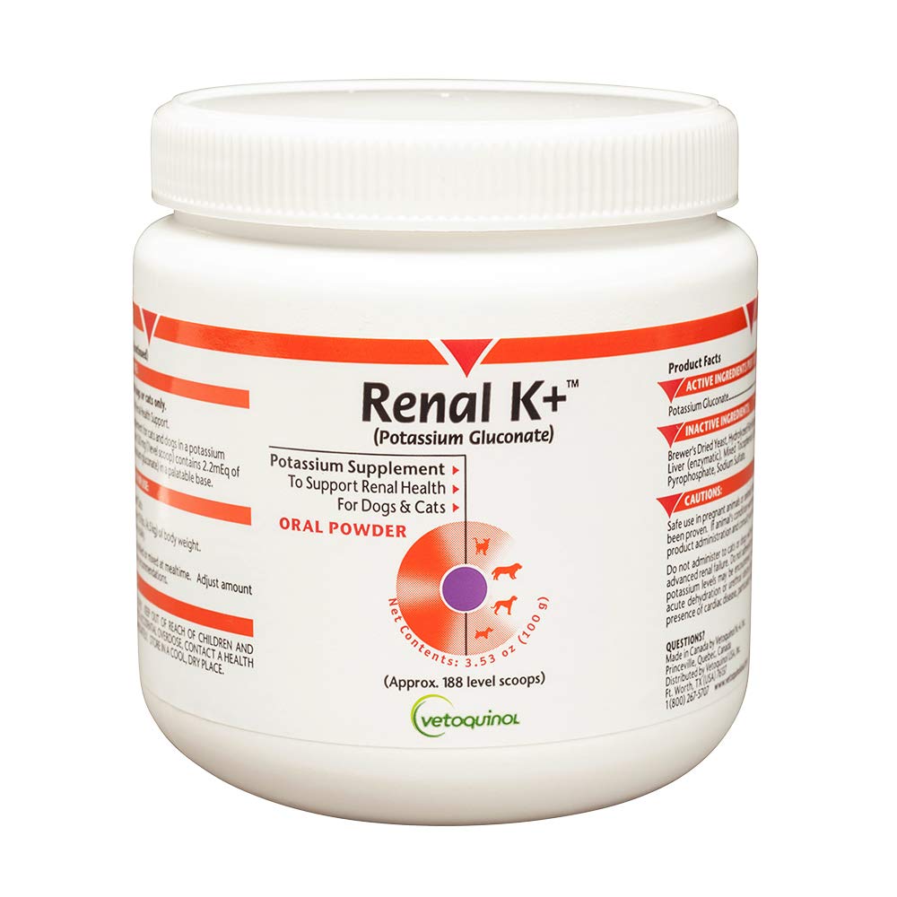 Vetoquinol Renal K+ tub front: palatable powder for pets' potassium balance.