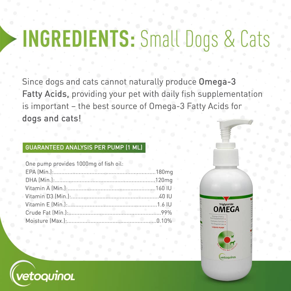 Vetoquinol Triglyceride Omega-3 features sardines, mackerel, and anchovies