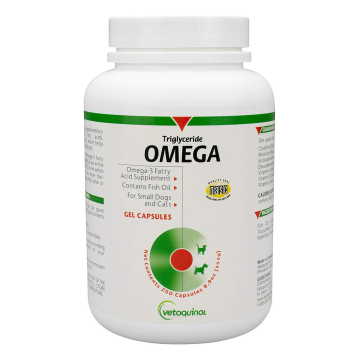 Vetoquinol Triglyceride Omega bottle with pour spout for easy daily dosing.