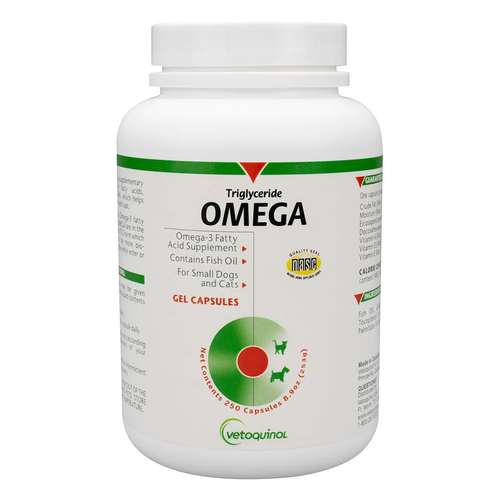 Vetoquinol Triglyceride Omega bottle with pour spout for easy daily dosing.