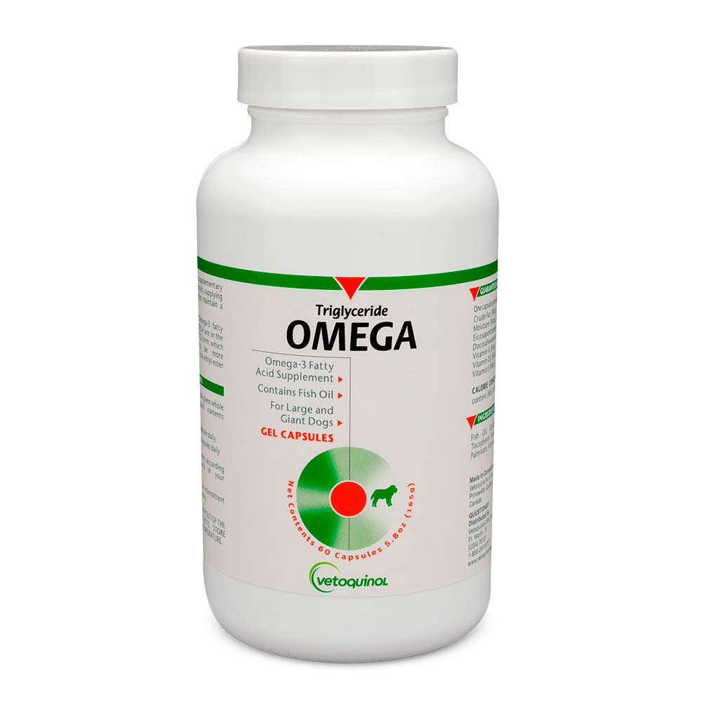 Vetoquinol Triglyceride Omega bottle and capsules support healthy skin and coat.